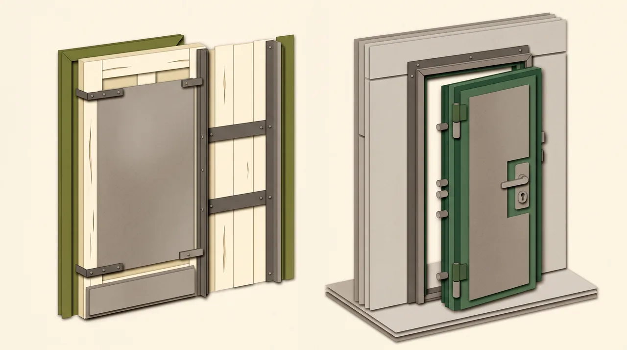 Comparaison en papier découpé : blindage sur porte existante et bloc-porte blindé