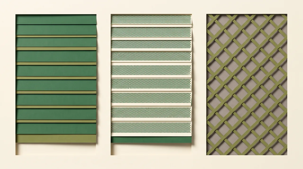 Trois types de lames de rideau métallique en papier découpé : pleines, micro-perforées et grille