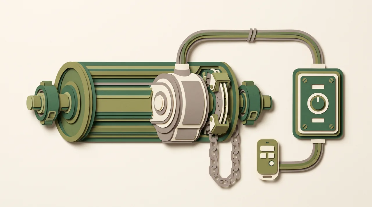 Motorisation de rideau métallique en papier découpé : moteur central, boîtier à clé et télécommande