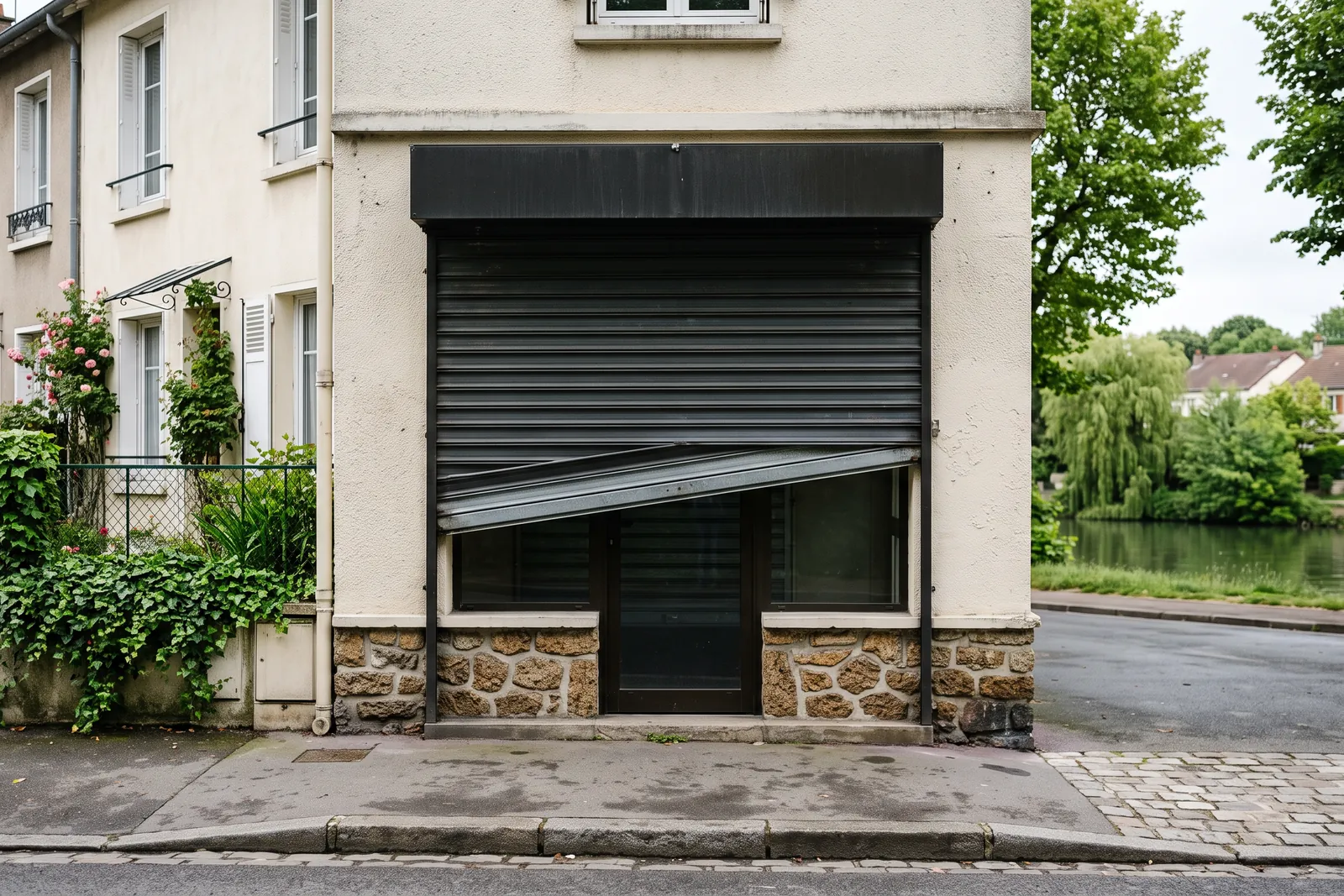 Rideau métallique coincé de travers devant une boutique à Champigny-sur-Marne