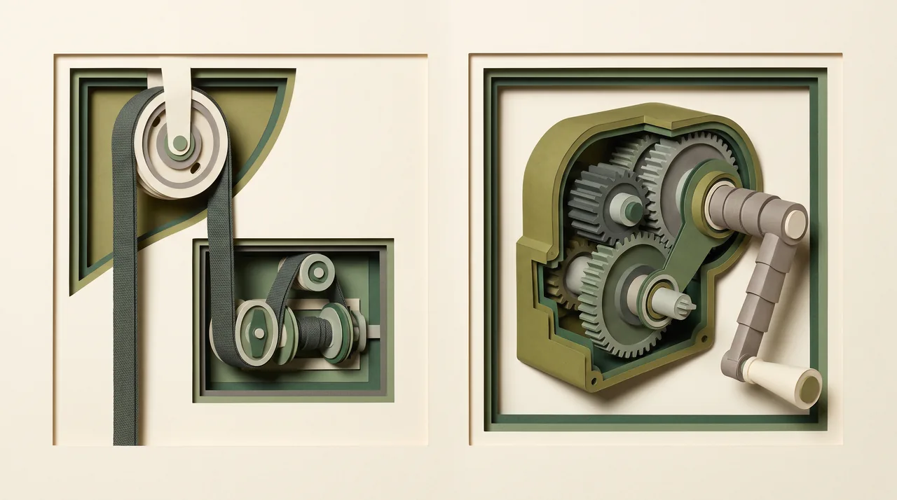 Commandes manuelles de volet roulant en papier découpé : sangle et enrouleur, treuil et manivelle