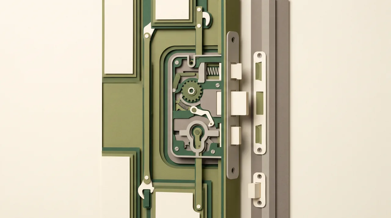 Serrure multipoints en papier découpé : boîtier central, tringles et points de fermeture