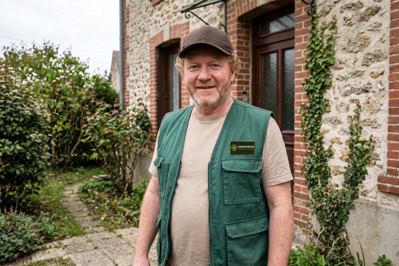 Votre serrurier à Champigny-sur-Marne devant une maison en meulière, gilet de travail avec l'écusson Serrurier Champigny-sur-Marne