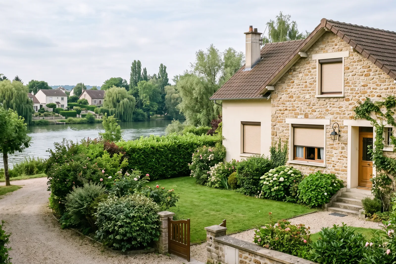 Volets roulants beiges sur une maison en meulière avec jardin à Champigny-sur-Marne